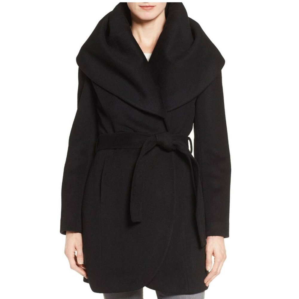 $370 Tahari Wool Blend Belted Wrap Coat shawl collar Black Jacket Winter L 12